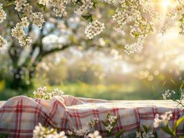 AI generated Spring Table With Trees In Bloom And Defocused Sunny Garden In Background photo