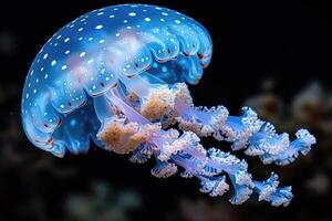 ai generado el marina Medusa brilla con luminiscente en contra de el oscuro mar profesional fotografía foto