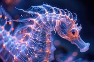 AI generated The marine seahorse glows with luminescent against of the dark sea professional photography photo