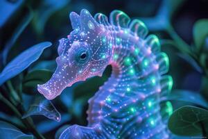 AI generated The marine seahorse glows with luminescent against of the dark sea professional photography photo