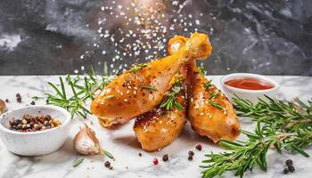 AI generated Chicken drum sticks closeup barbecue concept banner template for cover design with sparkles Generated AI photo