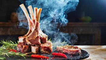 ai generado Fresco Cocinando de Cordero carne con fumar y fuego de cerca parilla concepto carne Fresco crudo cortar generado ai foto