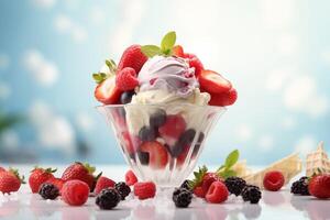 AI generated Sumptuous dessert of mixed berries and vanilla ice cream in a glass bowl, garnished with mint, against a blue sky backdrop photo