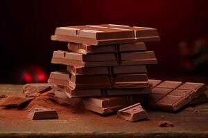 AI generated Tempting stack of milk chocolate bars with flying pieces on a warm brown background, indulgent treat photo