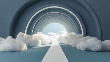 AI generated 3d render, abstract minimal background with white clouds flying out the tunnel or studio light, Generated AI photo