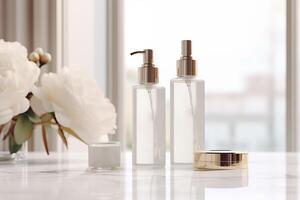 AI generated Luxurious cosmetic bottle mockups with elegant gold caps, displayed on marble surface with soft floral backdrop photo