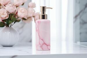 AI generated Elegant pink marble soap dispenser on a pristine marble countertop, embodying luxury and cleanliness photo