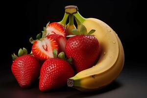 AI generated Ripe bananas and succulent strawberries with fresh water droplets on a dark background, showcasing natural sweetness photo