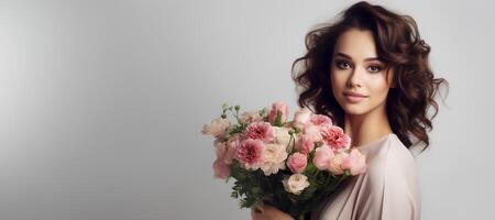 AI generated Enchanting brunette with a serene smile holding a bouquet of pink flowers on a grey background photo