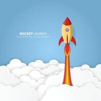 Rocket launch into space. Business project start up development and launch new innovation product on a market concept. vector illustration