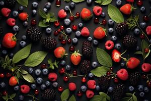 AI generated Luscious assortment of fresh berries with vibrant leaves on dark background, arranged in a flat lay composition photo