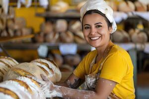 AI generated A baker in a bakery, she is baking bread with a smile photo