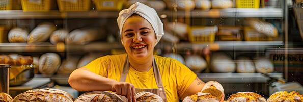 AI generated A baker in a bakery, she is baking bread with a smile photo