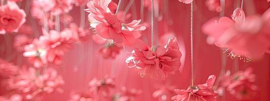 ai generado colgado flotante flores, rosado tema foto