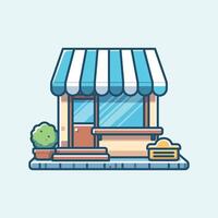 Front store with blue and white striped awning isolated vector illustration