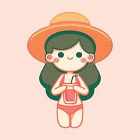 Cute vector illustration summer girl wearing hat and drink watermelon in summer season