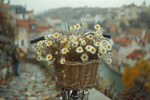 ai generado bicicleta paseo mediante el campo con un flores en el bicicleta cesta profesional fotografía foto