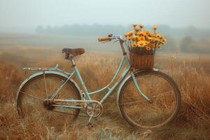 ai generado bicicleta paseo mediante el campo con un flores en el bicicleta cesta profesional fotografía foto