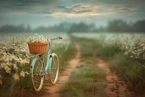 ai generado bicicleta paseo mediante el campo con un flores en el bicicleta cesta profesional fotografía foto