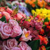 AI generated bouquet of fresh colorful flowers on display photo