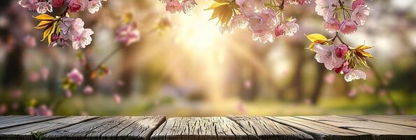 AI generated Spring Table With Trees In Bloom And Defocused Sunny Garden In Background photo