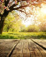 ai generado primavera mesa con arboles en floración y desenfocado soleado jardín en antecedentes foto