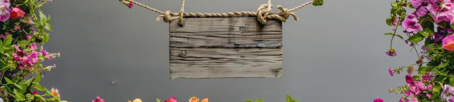 AI generated A handmade wooden sign hung by vine ropes and surrounded by colorful flowers photo