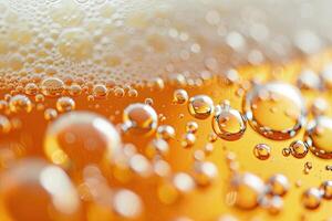 AI generated Ultra close up view of beer texture with foam photo