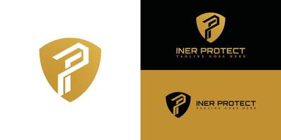 Initial logo letter IP or PI with shield Icon gold color isolated on multiple background colors. Letter IP or PI in gold color applied for security system technology company logo design inspiration vector