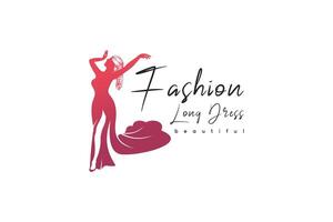 Beautiful woman fashion logo design in long tail dress vector