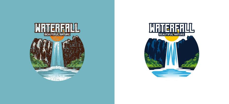 Waterfall logo design, high cliff waterfall vector illustration with vintage and modern concept