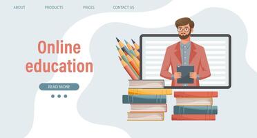 Online education or business training. A teacher, a computer mentor and a bunch of books and pencils. Illustration, template for landing page. Vector