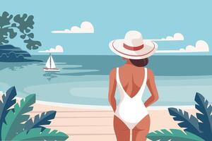 Seascape. Time relax. A young woman in a swimsuit on the beach against the backdrop of a seascape. Illustration. Vector