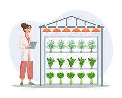 Hydroponic technology for growing plants. Scientist or biologist at hydroponic farm. Vertical farming. Smart farm. Illustration, vector