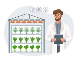 Hydroponic technology for growing plants. Scientist or biotechnologist at hydroponic farm. Vertical farming. Smart farm. Illustration, vector