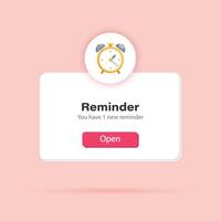 3d reminder. Popup page with reminder alarm clock. Social media, business or event planning. Vector