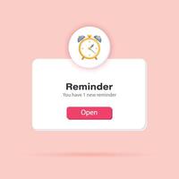 3d reminder. Popup page with reminder alarm clock. Social media, business or event planning. Vector