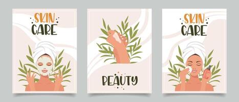 conjunto de volantes con mujer, productos cosméticos, belleza productos belleza, piel cuidado, productos cosméticos, ducha concepto. ilustración para bandera, tarjeta, publicidad, póster. vector