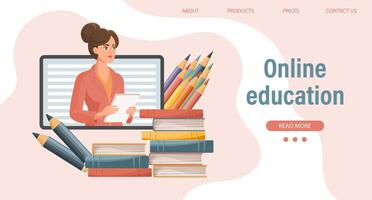 Online education or business training. A teacher, a computer mentor and a bunch of books and pencils. Illustration, template for landing page. Vector