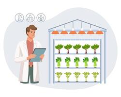 Hydroponic technology for growing plants. Scientist or biologist at hydroponic farm. Vertical farming. Smart farm. Illustration, vector