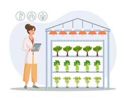 Hydroponic technology for growing plants. Scientist or biotechnologist at hydroponic farm. Vertical farming. Smart farm. Illustration, vector