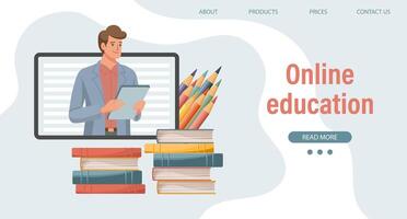 Online education or business training. A teacher, a computer mentor and a bunch of books and pencils. Illustration, template for landing page. Vector