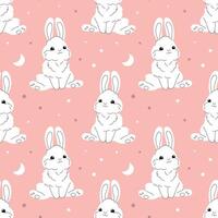 Seamless pattern with cute white bunnies on a pastel background with stars. Baby print, design for Nursery bedroom vector