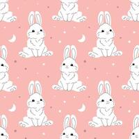 Seamless pattern with cute white bunnies on a pastel background with stars. Baby print, design for Nursery bedroom vector