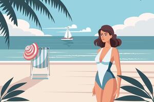 marina. hora relajarse. joven mujer en un sombrero en el playa en contra el fondo de un marina. ilustración. vector