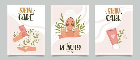 Set of flyers with woman, cosmetics, beauty products. Beauty, skin care, cosmetics, shower concept. Illustration for banner, card, advertising, poster. Vector