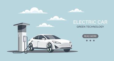 Modern electric car at a charging station. Green technology. Illustration, banner. Vector