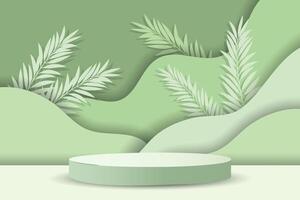 Round podium, pedestal on pale green background with palm leaves in paper cut style with shadow for product presentation. Vector