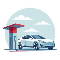 Modern electric car at a charging station. Green technology. Illustration, vector