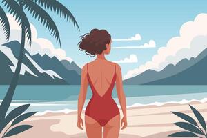 Seascape. Time relax. A young woman in a swimsuit on the beach against the backdrop of a seascape. Illustration. Vector